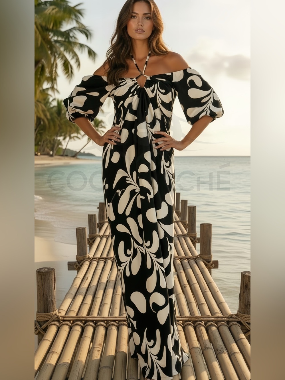 Hawaiin Loose Fit Tropical Print Oversized off Shoulder Halter Neck Maxi Dress